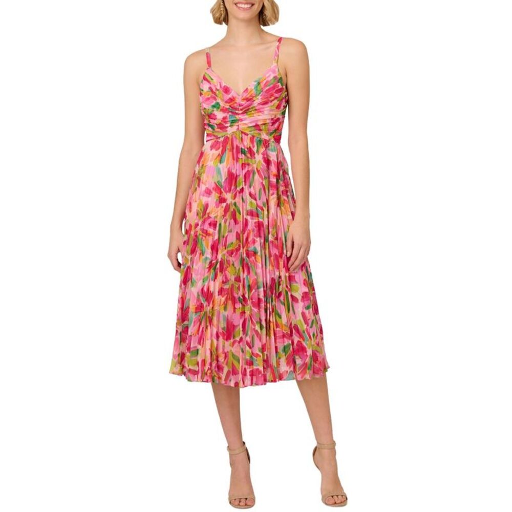 Adrianna Papell Womens Floral Pleated Midi Dress 8 Pink/Green Multi - NWT $179